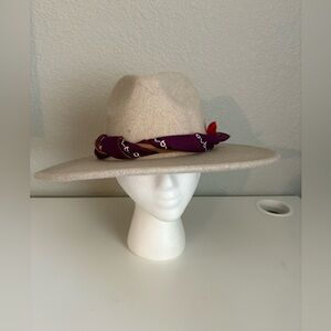 Nomad Boutique Boho Cream RANCHER HAT WITH SCARF TRIM Wool Blend